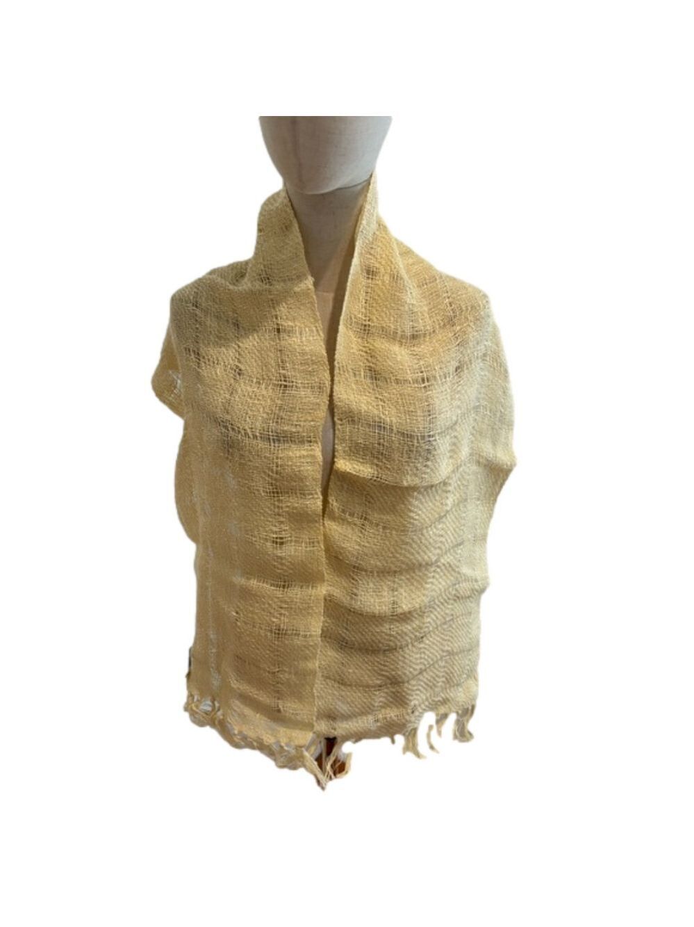 70s IRISH HANDMADE ORGANIC LINEN & COTTON HELENA RUUTH WOVEN CREAM SHAWL SCARF